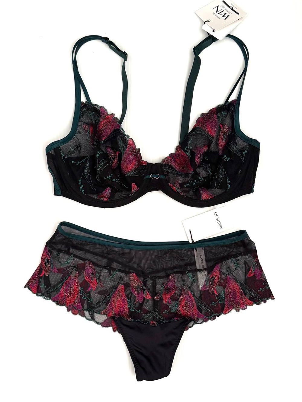 Marie Jo Yoly Lingerie Set Bra 36D Panty M Jewel Green Floral Lace NWT - Picture 2 of 9